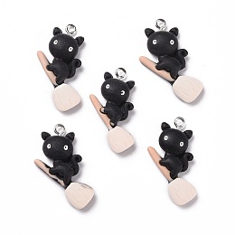 Honeyhandy Halloween Opaque Resin Pendants, with Platinum Tone Iron Loops, Cat, Black, 31x18x6mm, Hole: 2mm