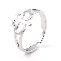 Honeyhandy Non-Tarnish Double Heart with Cross 304 Stainless Steel Adjustable Ring for Women, Stainless Steel Color, Inner Diameter: US Size 7 1/4(17.5mm)