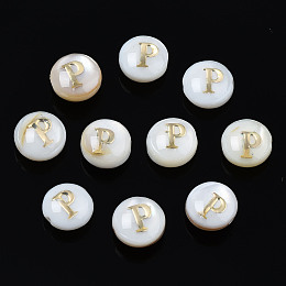 Honeyhandy Natural Freshwater Shell Beads, with Golden Plated Brass Etched Metal Embellishments, Flat Round with Letter, Seashell Color, Letter.P, 6x4mm, Hole: 0.8mm