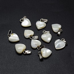 Honeyhandy Shell Charms, with Brass Findings, Heart, Platinum, 12~13x9~10x2~4mm, Hole: 2x5mm