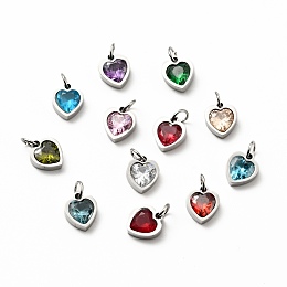 Honeyhandy 304 Stainless Steel Pendants, with Cubic Zirconia and Jump Rings, Single Stone Charms, Heart, Stainless Steel Color, Mixed Color, 9x8x3mm, Hole: 3.6mm