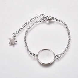 Honeyhandy 304 Stainless Steel Bracelet Making, with Lobster Claw Clasps, Cable Chains and Flat Round Cabochon Settings, Stainless Steel Color, Tray: 16mm, 5-5/8 inch(14.4cm)