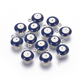 Honeyhandy 304 Stainless Steel Enamel Charms, Flat Round with Evil Eye, Stainless Steel Color, Midnight Blue, 13x10x5mm, Hole: 1.4mm