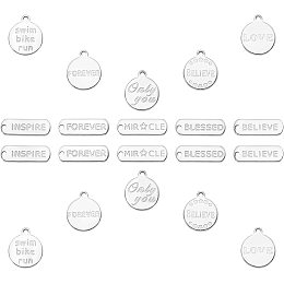 SUNNYCLUE 1 Box 10 Styles Word Charms Pendants Engraved Motivational Charms Stainless Steel Inspiration Alphabet Flat Round Oval Pendants Love Forever Believe for DIY Crafts, Silver