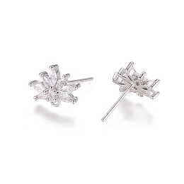 Honeyhandy Brass Cubic Zirconia Stud Earring Findings, with Loop, Flower, Clear, Platinum, 15mm, Pin: 0.7mm