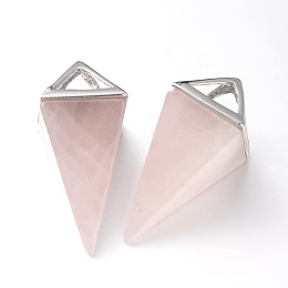 Honeyhandy Natural Rose Quartz Point Pendulum Pendants, with Platinum Plated Brass Findings, 30~34x15x15mm, Hole: 5x6mm