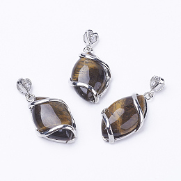 Honeyhandy Natural Tiger Eye Pendants, with Brass Findings, Horse Eye, Platinum, 38x17x7mm, Hole: 3x4mm