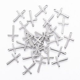 Honeyhandy 201 Stainless Steel Tiny Cross Charms, Stainless Steel Color, 14.5x9x0.8mm, Hole: 1mm