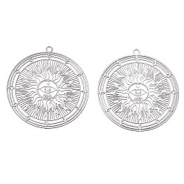 Honeyhandy 201 Stainless Steel Filigree Pendants, Etched Metal Embellishments, Flat Round with Sun, Stainless Steel Color, 32.5x30x0.3mm, Hole: 1.6mm