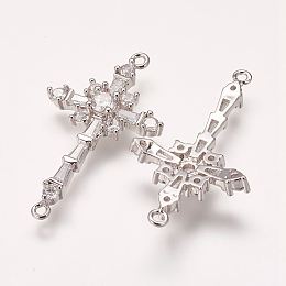 Honeyhandy Brass Micro Pave Cubic Zirconia Links, Cross, Platinum, 34x20x4mm, Hole: 1mm