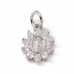 Honeyhandy Brass Micro Pave Cubic Zirconia Charms, with Jump Ring, Oval Flower with Religion Virgin Mary Charm, Platinum, 12x9x2mm, Hole: 3mm