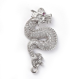 Honeyhandy Brass Micro Pave Cubic Zirconia Links connectors, Dragon, Clear, Platinum, 33x15.5x3mm, Hole: 1.6mm