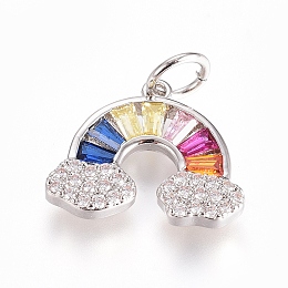 Honeyhandy Brass Micro Pave Cubic Zirconia Pendants, with Jump Ring, Long-Lasting Plated, Rainbow, Colorful, Real Platinum Plated, 11.5x14x2mm, Hole: 3.5mm