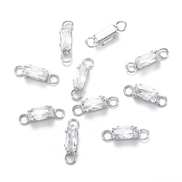 Honeyhandy Brass Clear Cubic Zirconia Links Connectors, Long-Lasting Plated, Rectangle, Real Platinum Plated, 13x3.5x3mm, Hole: 2mm