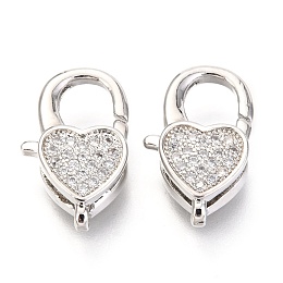 Honeyhandy Brass Micro Pave Cubic Zirconia Lobster Claw Clasps, Heart, Platinum, 17x10x5mm, Hole: 1x2mm