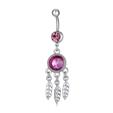 Honeyhandy Piercing Jewelry, Brass Cubic Zirconia Navel Ring, Belly Rings, with 304 Stainless Steel Bar, Lead Free & Cadmium Free, Flat Round with Leaf, Fuchsia, Platinum, 63x16mm, Bar Length: 3/8