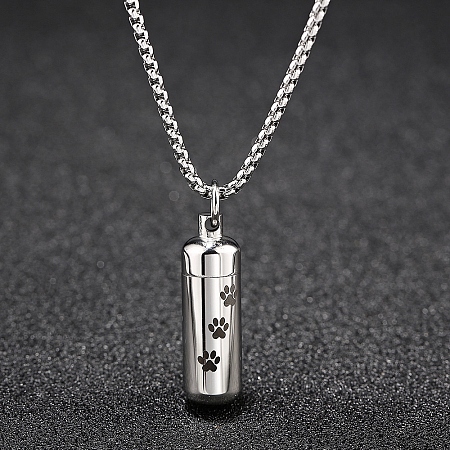 Honeyhandy Pet Memorial Necklace, Titanium Steel Urn Ashes Pendant Necklace, Column with Paw Print Locket Pendant Necklace for Men Women, Stainless Steel Color, 24.21 inch(61.5cm)