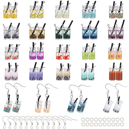 NBEADS 48 Pcs Glass Bottle Charms, Dangle Earring Making Kits Boba Drink Bottle Pendant Fruit Juice Tea Charms with 48 Pcs Earring Hooks and 100 Pcs Jump Rings for Earrings Jewelry Making