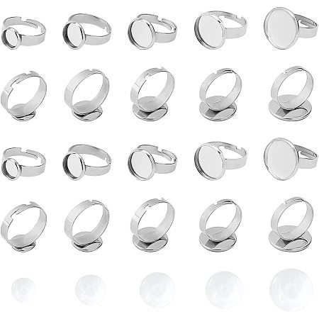 UNICRAFTALE 8/10/12/14/16mm Adjust Ring Base 20 Sets Stainless Steel Bezel Rings with Half Round Glass Cabochons Finger Rings Components for Ring Making Stainless Steel Color