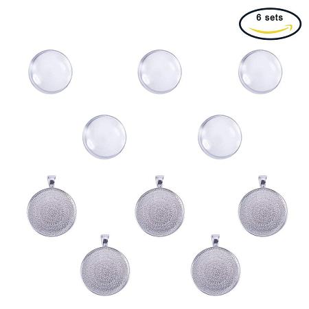 ARRICRAFT Pack of 6 Pendant Makings Sets, with Platinum Alloy Pendant Cabochon Settings and Flat Round Glass Cabochons