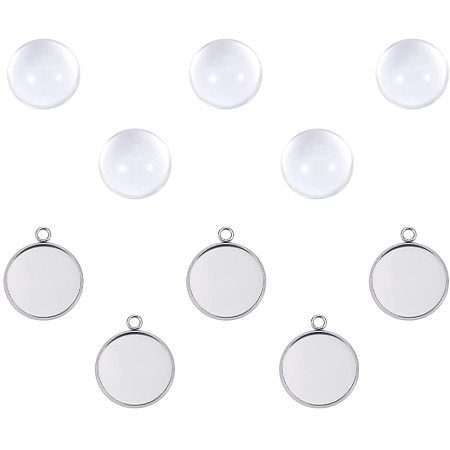 UNICRAFTALE 5 Sets 18mm Flat Round Tray Pendants Making 304 Stainless Steel Cabochon Settings and Clear Half Round Glass Cabochons Metal DIY Pendant Findings for Women Necklaces Jewelry Making