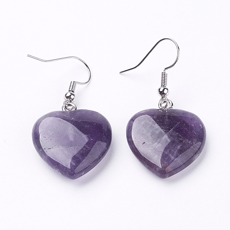 Honeyhandy Natural Amethyst Dangle Earrings, with Brass Finding, Heart, Platinum, 39~41mm, 19~21x7~8mm, Pin: 0.7mm