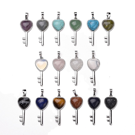 Natural & Synthetic Gemstone Pendants, with Platinum Tone Brass Findings, Cadmium Free & Lead Free, Mixed Dyed and Undyed, Heart Key, 45~45.5x16.5~17x6~7.5mm, Hole: 8x5mm