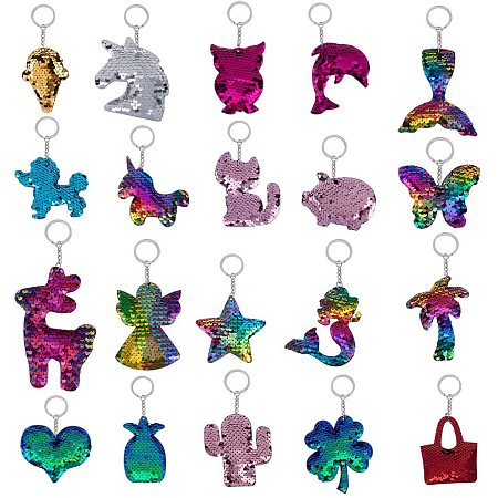 NBEADS 20 Pcs Flip Sequin Keychain, 20 Different Shapes Plastic Paillette Cactus Keychain with Iron Key Ring and Chain Unicorn Ice Cream Mermaid Tail Keychains for Birthday Party Supplies Favors