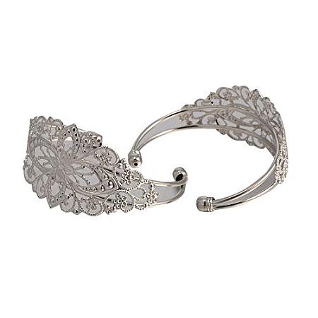 ARRICRAFT 1pc Brass Cuff Bangle Makings for Bracelet Necklace Jewelry Making, Bangle Blanks, with Filigree Flower, Platinum, 63mm