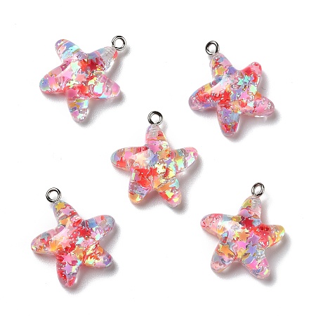 Honeyhandy Transparent Resin Pendants, with Platinum Tone Iron Loops & Glitter Powder, Star, Colorful, 24x20x8mm, Hole: 2mm