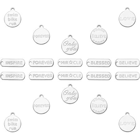 SUNNYCLUE 1 Box 10 Styles Word Charms Pendants Engraved Motivational Charms Stainless Steel Inspiration Alphabet Flat Round Oval Pendants Love Forever Believe for DIY Crafts, Silver