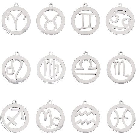 UNICRAFTALE 24pcs Ring with Zodiac Sign Charms Stainless Steel Pendants Round with 12 Constellations Pendant 1.4mm Hole Charms for Jewelry Making, Stainless Steel Color 2pcs/Style