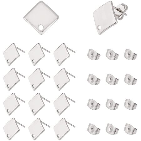 UNICRAFTALE 50pcs Rhombus Stud Earring 304 Stainless Steel Earring Findings with Loop and Butterfly Ear Nuts Stainless Steel Color Stud Earring Findings Pin 0.8mm DIY Jewelry Making