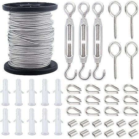 Pandahall Elite Lights Hanging Kit, 98ft 304 Stainless Steel Wire Cable Wire Rope Screw Eye Bails 20pcs Slide Charms Wire Protectors Turnbuckle String Great for Decking, Railing, DIY Outdoor Shades