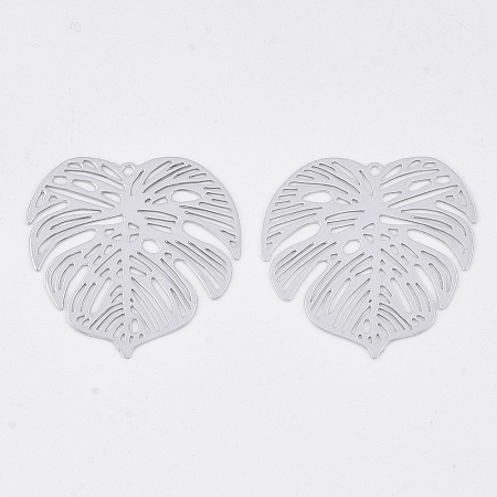 Honeyhandy Brass Pendants, Tropical Leaf Charms, Etched Metal Embellishments, Long-Lasting Plated, Monstera Leaf, Platinum, 26x26x0.3mm, Hole: 1.2mm