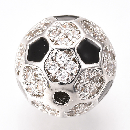 Honeyhandy Brass Micro Pave Cubic Zirconia Beads, with Enamel, FootBall/Soccer Ball, Platinum, 9.5~10mm, Hole: 1.5mm