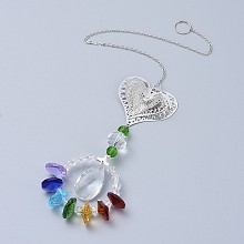 Honeyhandy Crystals Chandelier Suncatchers Prisms Chakra Hanging Pendant, with Iron Cable Chains, Glass Beads, Glass Rhinestone and Brass Pendants, Heart with Teardrop, Colorful, 350mm