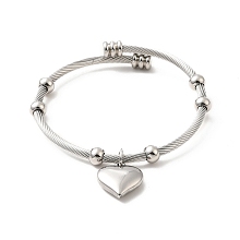 Honeyhandy Non-Tarnish 304 Stainless Steel Heart Charms Cuff Bangle, Round Beaded Twist Rope Bangle for Women, Stainless Steel Color, Inner Diameter: 2 inch(5.1cm)