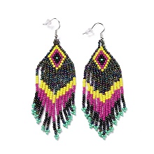 Honeyhandy Glass Seed Braided Rhombus with Tassel Chandelier Earrings, Bohemian Brass Wire Wrap Drop Earrings for Women, Colorful, 90mm, Pin: 0.6mm