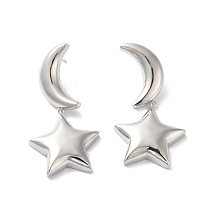 Honeyhandy Long-Lasting Plated Brass Star and Moon Dangle Stud Earrings for Women, Cadmium Free & Lead Free, Real Platinum Plated, 49mm, Pin: 1mm