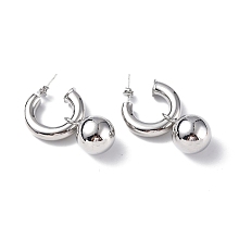 Honeyhandy Brass Ring with Ball Dangle Stud Earrings, Brass Half Hoop Earrings for Women, Platinum, 35mm, Pin: 0.8mm