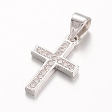 Honeyhandy Cross Brass Micro Pave Cubic Zirconia Pendants, Platinum, 17x10x1.5mm, Hole: 5x4mm