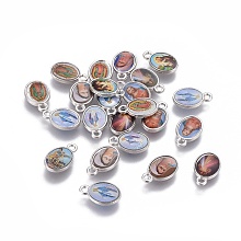 Honeyhandy Glass Charms, with Brass Findings, Oval with Saint, Platinum, 12x7.5x2mm, Hole: 1.4mm