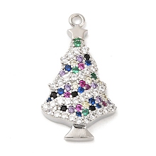 Rack Plating Brass Pave Cubic Zirconia Pendants, Long-Lasting Plated, Cadmium Free & Lead Free, Christmas Tree, Platinum, 23.5x13x3.5mm, Hole: 1.2mm