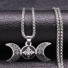 Honeyhandy Triple Moon Goddess 304 Stainless Steel Pendant Necklaces, with Enamel, Stainless Steel Color, 23.31 inch(59.2cm)