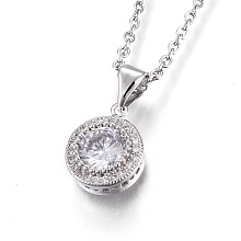 Honeyhandy 304 Stainless Steel Pendant Necklaces, with Cubic Zirconia, Flat Round, Clear, Stainless Steel Color, 17.5 inch(44.8cm), Pendant: 12x9.5x4mm