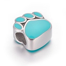 Honeyhandy 304 Stainless Steel European Beads, with Enamel, Large Hole Beads, Dog Paw Prints, Stainless Steel Color, Cyan, 10.5x10x7mm, Hole: 4.5mm