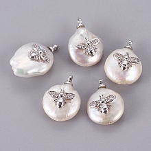 Honeyhandy Natural Cultured Freshwater Pearl Pendants, with Brass Cubic Zirconia Cabochons, Long-Lasting Plated, Nuggets with Bees, Real Platinum Plated, 16~22x12~13x6.5~7mm, Hole: 1.4mm