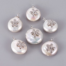 Honeyhandy Natural Cultured Freshwater Pearl Pendants, with Brass Cubic Zirconia Cabochons, Long-Lasting Plated, Nuggets with Flower, Real Platinum Plated, Clear, 17~20x13~15x7~8.5mm, Hole: 1.4~1.5mm