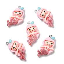 Honeyhandy Opaque Resin Pendants, with Glitter Powder and Platinum Tone Iron Loops, Mermaid, Pink, 34x18x6mm, Hole: 2mm